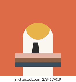 This modern abstract vector illustration showcases clean geometric shapes including a central white archway set against a warm terracotta background. Multicolored horizontal bands suggest minimalist stairs leading toward a dark entryway. A yellow circular sun completes the balanced composition, blending mid-century modern aesthetic with contemporary architectural design and simplified forms.