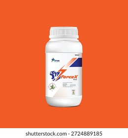 This modern agricultural product container features a clean white plastic bottle with a screw cap and a bold, high-impact label design. Ideal for showcasing herbicides, pesticides, insecticides, fertilizers, or agrochemical products. Perfect for use in branding presentations, product packaging design, agricultural marketing, label design showcases, and advertising visuals.