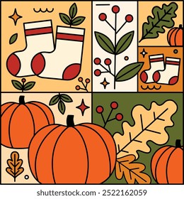 This modern autumn-themed illustration showcases cozy socks and pumpkins, with berries and leaves, creating a cozy fall atmosphere.
