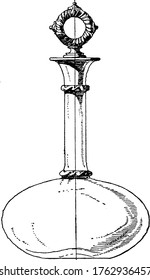 Diese moderne Flasche besteht aus grünem Glas mit elliptischem Körper und hat einen Ringstopfen auf dem Kopf, eine Vintage-Linie-Zeichnung oder Graviergrafik.