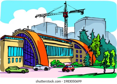 This is a modern building with a curved red roof and large windows. There are cars in the parking lot. In the background there are houses and a crane. Color sketch.