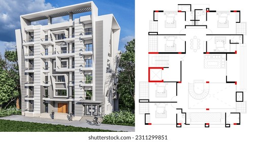 This is a modern building design, it is a six stored building, here are 3d images and floor plan.
