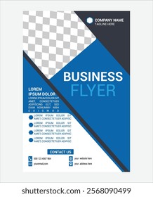 This modern business flyer design combines a sleek and professional color palette of blue, black, and white, creating a visually appealing and highly engaging layout.