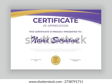 This is a modern certificate of appreciation template featuring a vibrant purple and gold abstract wave design, suitable for recognizing achievement, completion, or best employee awards.