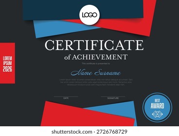 Esta moderna Plantilla certificada presenta elegantes Formas geométricas en rojo y azul. Utilice este certificado con fines de diploma profesional o para honrar un logro especial con estilo.