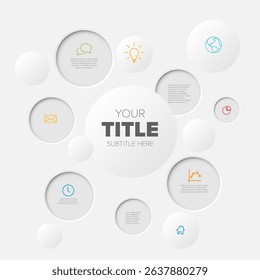 This modern circular infographic template features a clean design layout with multiple circles. It's a minimalist, modern template ideal for presentations and data visualization.