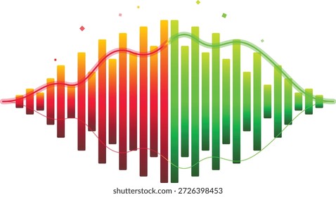 This is a modern digital graphic showing an audio frequency spectrum analyzer with vibrant red to green gradient bars and a superimposed waveform on a white background.