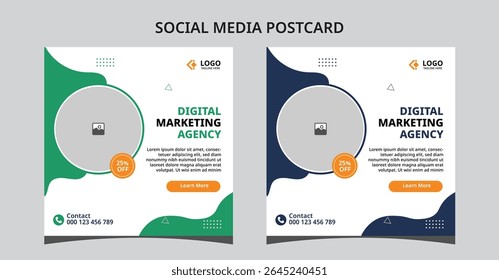 This modern dual-style postcard template is perfect for promoting marketing services. Featuring two vibrant versions in green and navy, suitable for agency ads or business branding on social media.