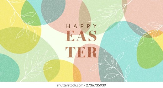 This modern Easter banner featuring decorative eggs features a minimalist style with a soft color palette and a distinctive grainy texture that adds depth and tactility to the image, creating a cozy, handmade feel and a contemporary design approach suitable for both digital and printed holiday materials.