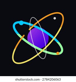 This modern flat graphic design features a vibrant purple central planet surrounded by three colorful elliptical orbital paths on a black background. Each orbit contains a distinct satellite or moon, symbolizing celestial mechanics, outer space exploration, and astronomical concepts within a minimalist artistic framework perfectly suited for modern science presentations.