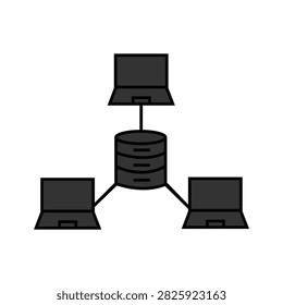 This modern flat vector illustration depicts a central database server connected to three laptop computers, representing local area network (LAN) sharing, cloud storage access, data management, and client-server architecture. Drawn with dark grey fills and bold black outlines against a clean white background, this versatile graphic element is perfect for IT infrastructure presentations, tech website banners, web hosting landing pages, and software UI icons.

#DatabaseNetwork #ClientServer #CloudStorage #ITInfrastructure #DataManagement #VectorIcon #TechIllustration #FlatDesign #ComputerNetwork #GraphicDesign