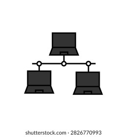 This modern flat vector illustration depicts three laptop computers interconnected through a central local area network (LAN) line with circular node points. Featuring dark grey screens and bold black outlines against a crisp white background, this vector graphic represents data sharing, peer-to-peer networking, system connectivity, and IT infrastructure. It is suitable for technology websites, software UI icons, presentation slides, and digital communication projects.

#ComputerNetwork #LocalAreaNetwork #LAN #LaptopConnection #DataSharing #TechIcon #VectorGraphic #FlatDesign #ITInfrastructure #GraphicDesign #UIUXDesign