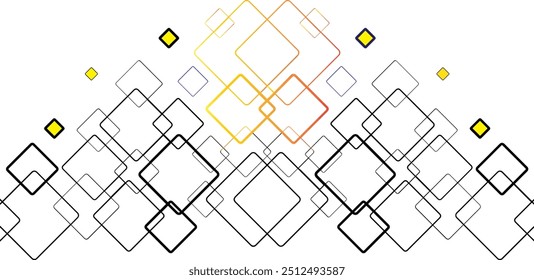 Este design geométrico moderno apresenta quadrados sobrepostos em uma variedade de tamanhos, com linhas negras e um gradiente de acentos amarelos e laranja. Perfeito para tecnologia, web e planos de fundo abstratos.