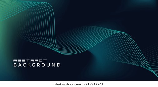 Este moderno fondo gráfico utiliza líneas onduladas delgadas dibujadas a través de un fondo oscuro y fresco, creando profundidad y fluidez. Esto contrasta con un tono azul verdoso claro en la esquina superior izquierda para mayor brillo. Las ondas dobles de azul claro y gris fluyen gradualmente de izquierda a derecha, creando dimensión y movimiento.