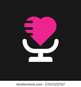 This modern graphic features a vibrant pink heart creatively integrated with a stylized white microphone stand, complete with abstract sound wave elements against a dark, minimalist background. It serves as an ideal icon for podcasts, radio shows, music applications, dating platforms, or any branding associated with audio, love, passion, and heartfelt communication.