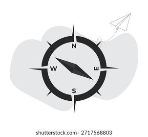 This modern icon combines a classic compass rose with a whimsical paper plane. It uses a monochrome palette to represent guidance, travel, and creative direction.