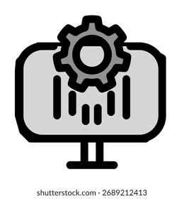 Este icono moderno representa un engranaje en una pantalla de computadora con barras de datos, ideal para representar metodologías ágiles, procesos de scrum y herramientas de gestión de proyectos. Simboliza un flujo de trabajo y una gestión eficientes.