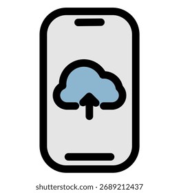 Dieses moderne Symbol zeigt ein Smartphone, das Daten in die Cloud hochlädt - ideal für Projektmanagement-, Agil- und Scrum-Anwendungen. Es stellt eine nahtlose Datensynchronisierung und einen effizienten Arbeitsablauf dar.