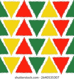 this modern ikat-style digital design features repeating red,green,and yellow triangles in a clean geometric layout.The vibrant yet minimal look makes it perfect for fabric printing,home decor items