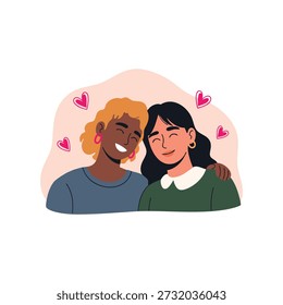 Diese moderne Illustration zeigt zwei unterschiedliche junge Frauen, die sich glücklich umarmen, umgeben von Herzen, die romantische Liebe, Freundschaft oder intime Partnerschaft zwischen Individuen symbolisieren.