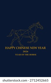 Esta ilustração moderna apresenta uma dinâmica, geométrica linha de ouro arte de um cavalo em um fundo azul marinho profundo. O texto FELIZ ANO NOVO CHINÊS 2026 ANO DO CAVALO é exibido proeminentemente no tapete