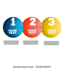 Este moderno diseño de infografía presenta tres pasos distintos utilizando diseños de números circulares audaces y coloridos. Cada paso está claramente marcado con colores vibrantes y tipografía limpia