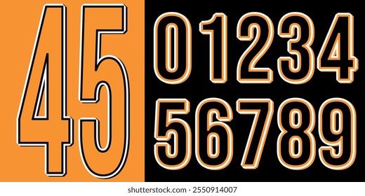 Dieses moderne Jersey-Zahlendesign besticht durch einen schlanken und zeitgenössischen Typografie-Stil, der perfekt für sportbezogene Projekte geeignet ist. Das Design enthält fette, klare Linien und dynamische Zahlen