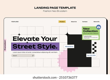 Este moderno diseño de Plantilla de landing page adopta la estética del neobrutalismo, caracterizada por líneas audaces, diseños minimalistas y un fuerte contraste entre Elementos. La Plantilla es ideal para fashio