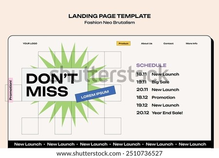 This modern landing page template design embraces the Neo Brutalism aesthetic, characterized by bold lines, minimalist layouts, and a strong contrast between elements.