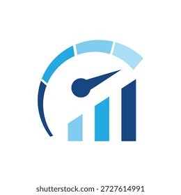 Este es un diseño de logotipo moderno que representa una barra de gráficos con un velocímetro en color azul en diseño plano