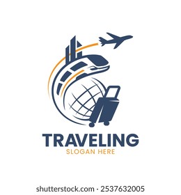 This modern logo designed for travel showcases a plane alongside a train, making it ideal for tourism businesses. Vector illustration.