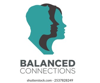 This modern logo features two overlapping silhouettes of a man and a woman in profile, designed using a bright teal color for the faces. Geometric shapes are incorporated into the silhouettes, enhanci