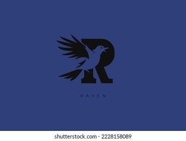 This is a modern logo of Raven, Great combination of Raven or Crow symbol with letter R as initial of Raven itself.