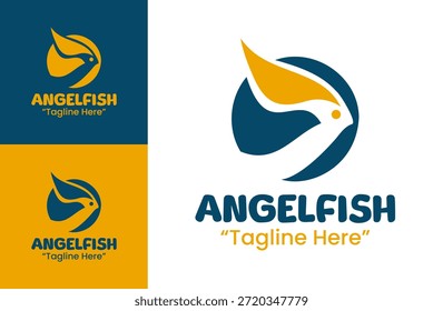 Este moderno logotipo minimalista de pez ángel se adapta a sistemas visuales limpios para la vida marina y marcas acuáticas.