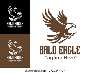 Este logotipo moderno minimalista da águia careca se encaixa em sistemas visuais profissionais para a vida selvagem e marca ao ar livre.