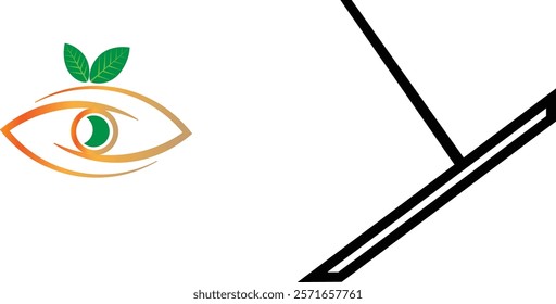 This modern, minimalist design features an eye with a green leaf, symbolizing sustainability. Geometric patterns on the left add symmetry. The gold, black, and white color scheme gives it a sleek, pro