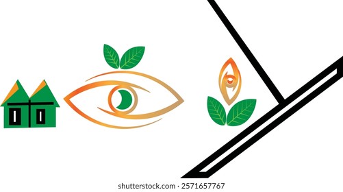 This modern, minimalist design features an eye with a green leaf, symbolizing sustainability. Geometric patterns on the left add symmetry. The gold, black, and white color scheme gives it a sleek, pro