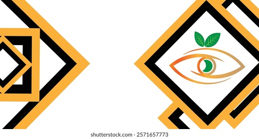 This modern, minimalist design features an eye with a green leaf, symbolizing sustainability. Geometric patterns on the left add symmetry. The gold, black, and white color scheme gives it a sleek, pro