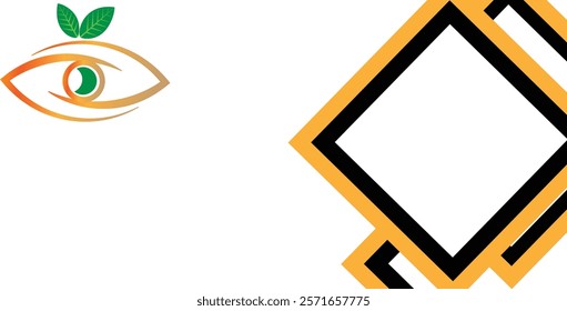 This modern, minimalist design features an eye with a green leaf, symbolizing sustainability. Geometric patterns on the left add symmetry. The gold, black, and white color scheme gives it a sleek, pro