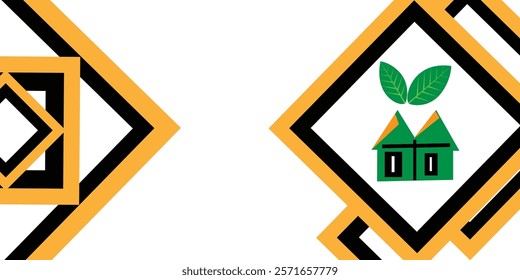 This modern, minimalist design features an eye with a green leaf, symbolizing sustainability. Geometric patterns on the left add symmetry. The gold, black, and white color scheme gives it a sleek, pro