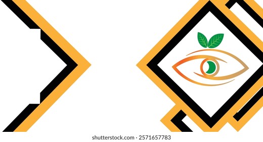 This modern, minimalist design features an eye with a green leaf, symbolizing sustainability. Geometric patterns on the left add symmetry. The gold, black, and white color scheme gives it a sleek, pro