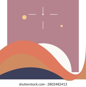 This modern minimalist digital illustration depicts stylized sand dunes in earthy tones of terracotta, navy, and tan. A large white sun rises behind the sweeping curves against a mauve background. Subtle celestial elements like small yellow circles and a geometric cross symbol add a mystical, contemporary touch to the scene.