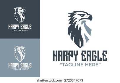 Este moderno logotipo minimalista de águila arpía ofrece un audaz símbolo de depredador para la vida silvestre y la identidad de marca al aire libre.