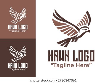 Este moderno logotipo minimalista de halcón enfatiza la fuerza y la precisión para la vida silvestre profesional y marcas al aire libre.