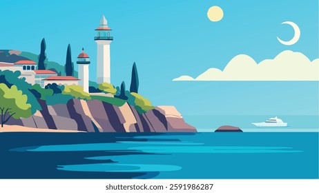 This modern, minimalist illustration of Antalya, Turkey, showcases the beauty of the city's coastline in a flat design style