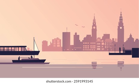 This modern, minimalist illustration captures the beauty of Amsterdam, Netherlands, with a serene sunset over the city’s iconic skyline