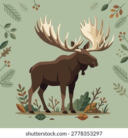 This modern, minimalist illustration features a powerful bull moose surrounded by a decorative border of pine needles, leaves, and berries. Its clean, flat design and muted earthy color palette make it an ideal choice for nature-themed greeting cards, rustic wall decor, or educational materials about North American wildlife.
