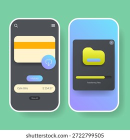 Este moderno diseño de interfaz de usuario de App móvil cuenta con un panel de finanzas y pantalla de progreso de transferencia de archivos