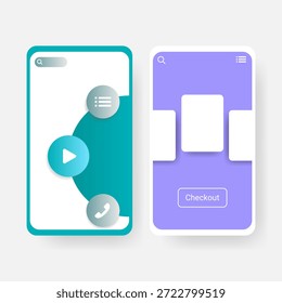 Dieses moderne Design der mobilen App-Benutzeroberfläche zeigt einen Bildschirm zur Mediensteuerung und eine Kassenschnittstelle