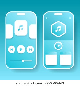 Dieses moderne Design der App für mobile Musik-Player verfügt über Audiosteuerungen, Wiedergabelistenabschnitte und Medien-Wiedergabescreens
